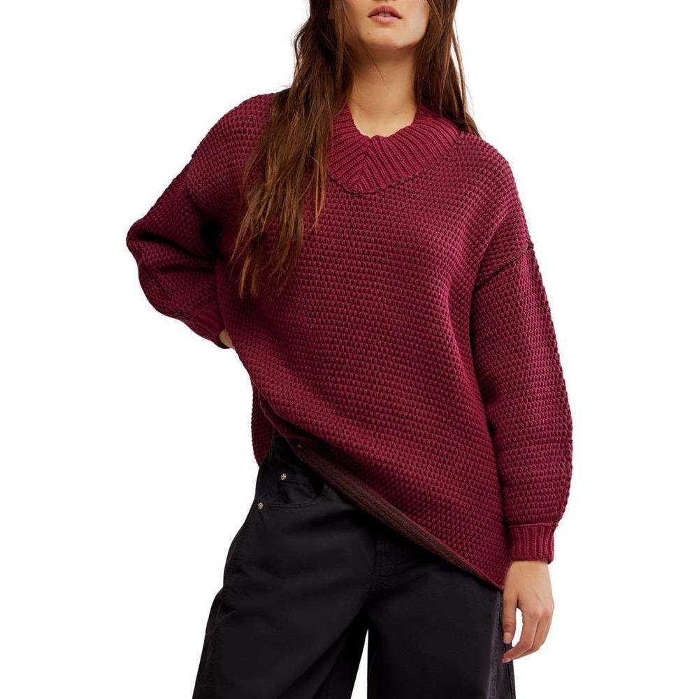 Free People Brookside V-Neck Sweater XS Berry Wine Brown Oversized Knit Pullover